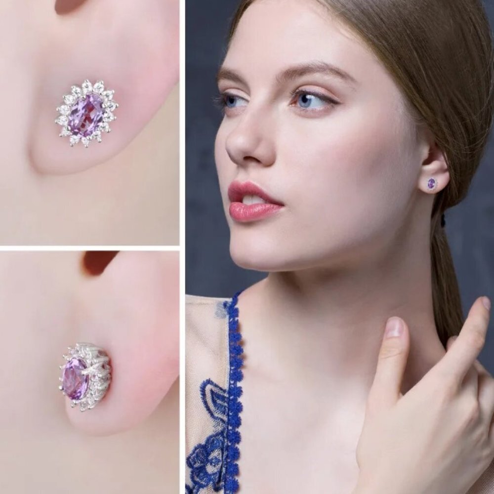 Jewelry earrings stud halo oval amethyst purple 925 sterling silver elegant